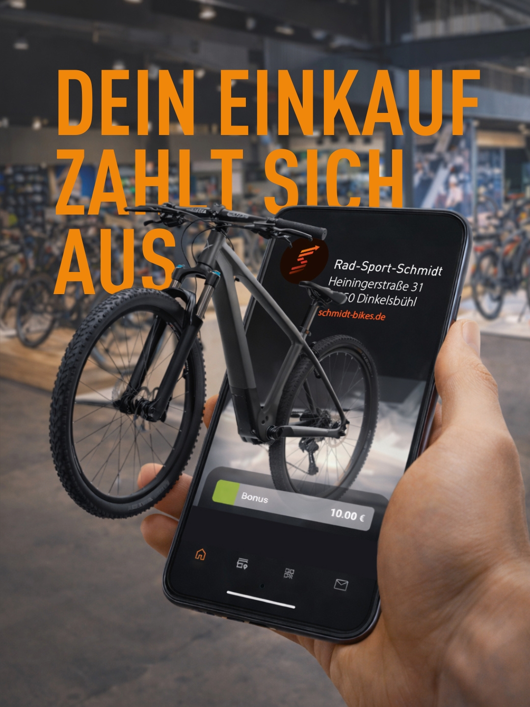 Eine Hand hält ein Telefon mit einem Fahrrad in der Hand.